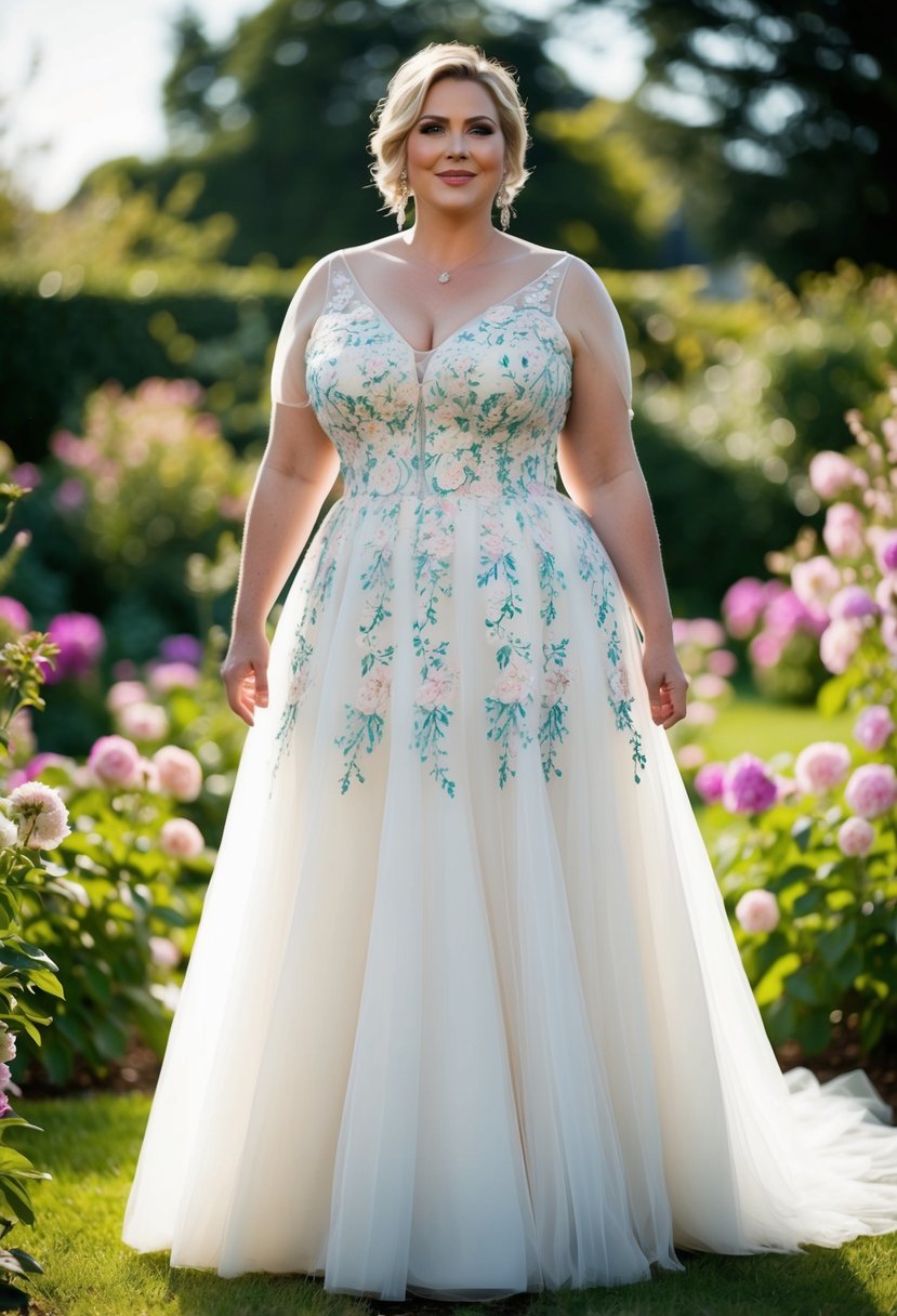 A curvy bride over 40 stands in a garden, wearing a floral embroidered tulle dress, surrounded by blooming flowers