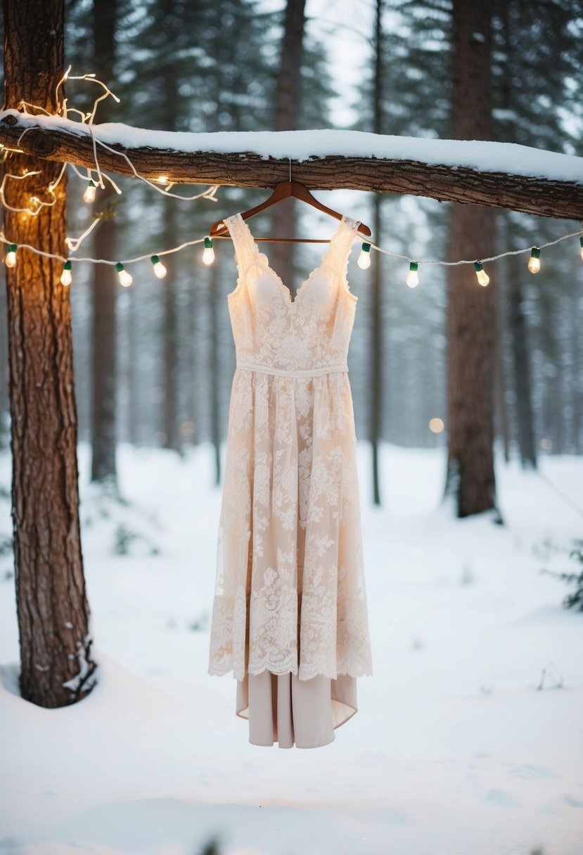 A snow-covered forest clearing with a vintage-inspired lace dress hanging from a tree branch, surrounded by twinkling fairy lights and rustic wooden accents