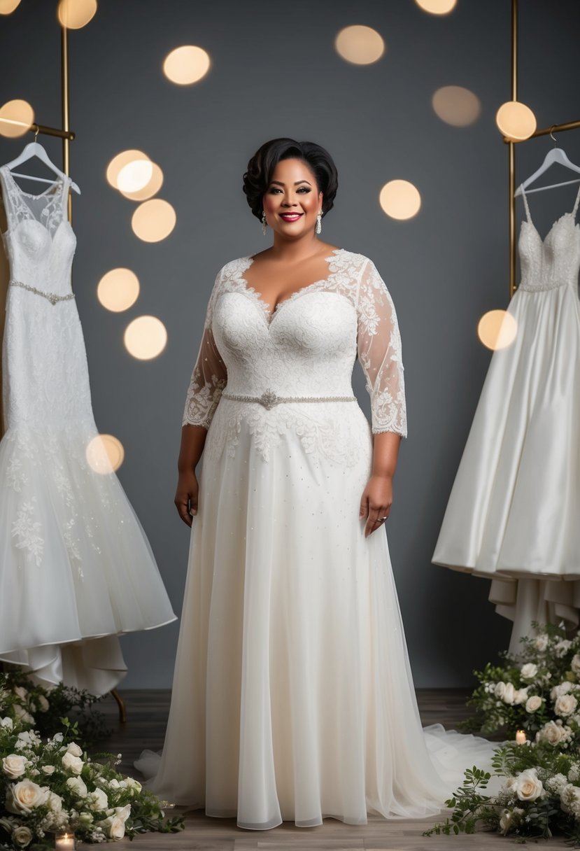 A curvy bride over 40 stands in a Chantilly lace over sparkle organza dress, surrounded by wedding dress ideas