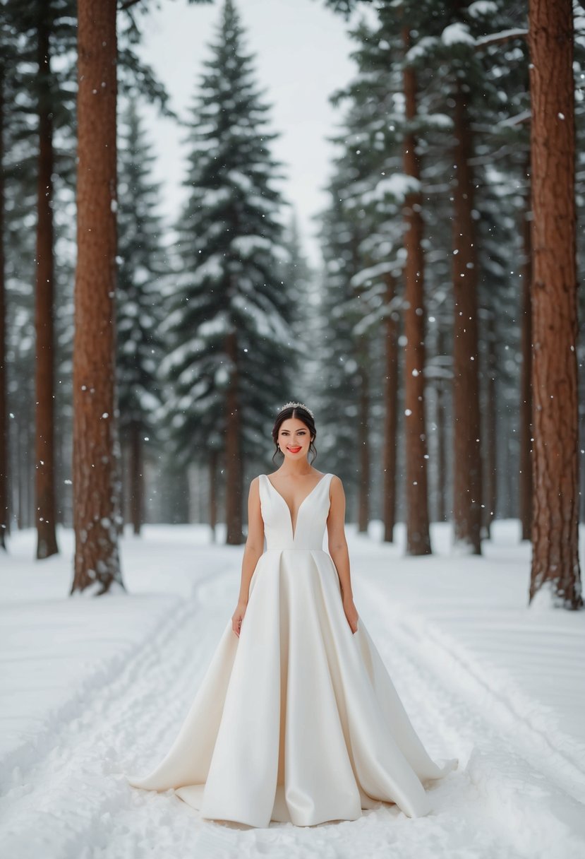 A bride in a mikado or velvet dress stands in a snow-covered forest, surrounded by tall pine trees and soft falling snowflakes