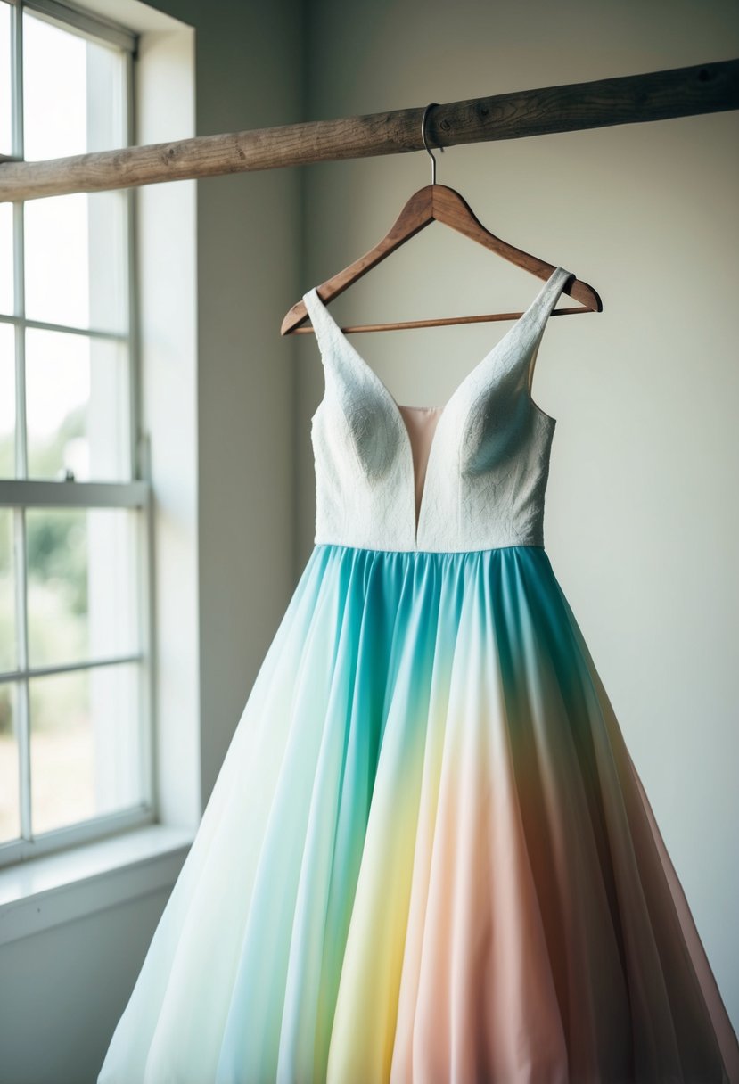 A non-white ombre gown hanging on a rustic wooden hanger, with soft natural light streaming in from a nearby window