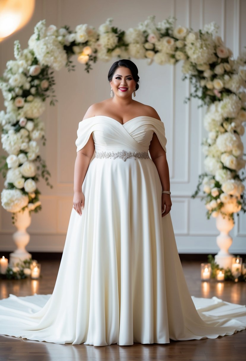 A curvy bride over 40 stands in a flowing off-the-shoulder A-line gown, surrounded by elegant wedding decor