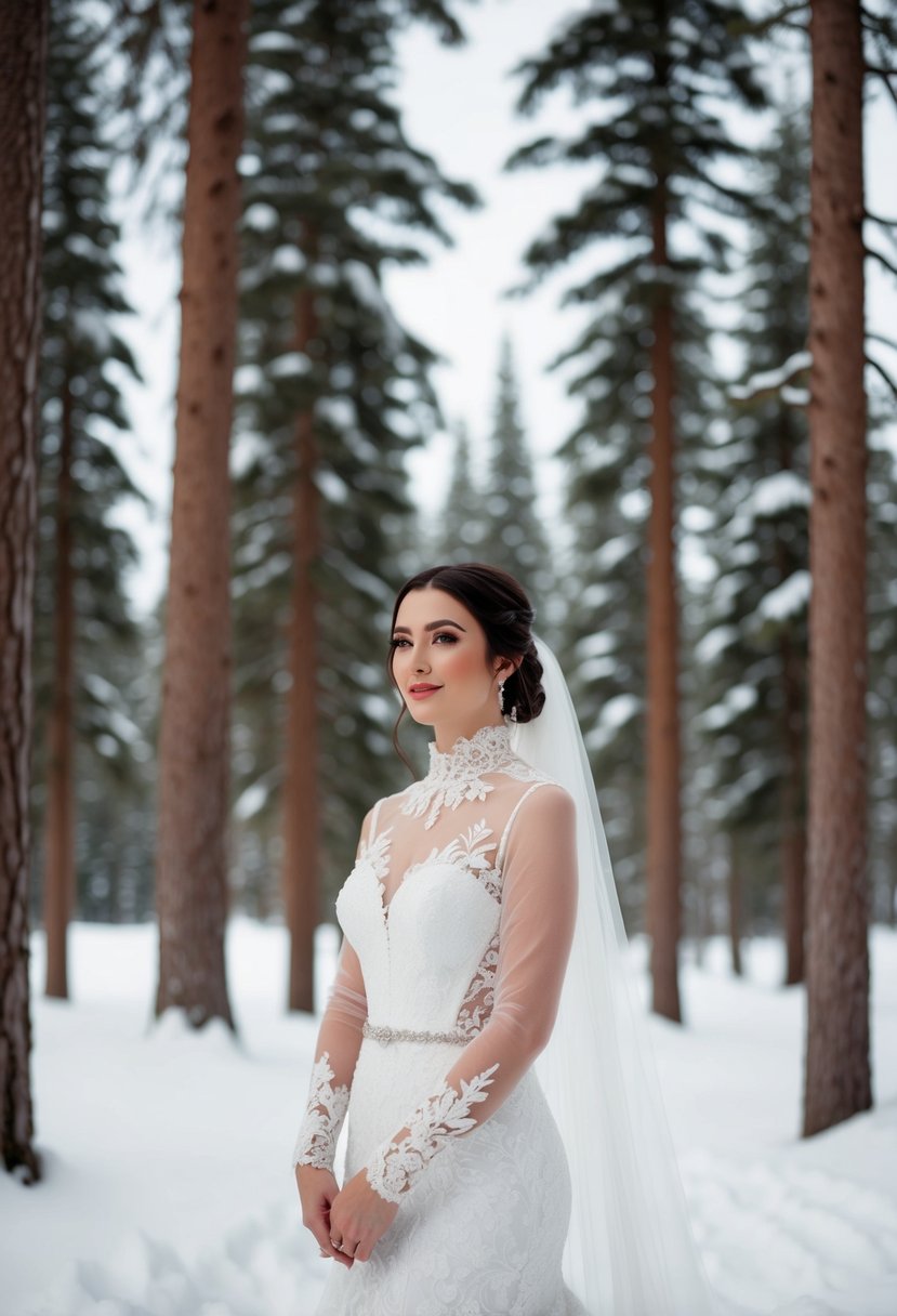 A bride standing in a snow-covered forest, wearing a high-necked lace wedding dress with illusion details, surrounded by tall pine trees