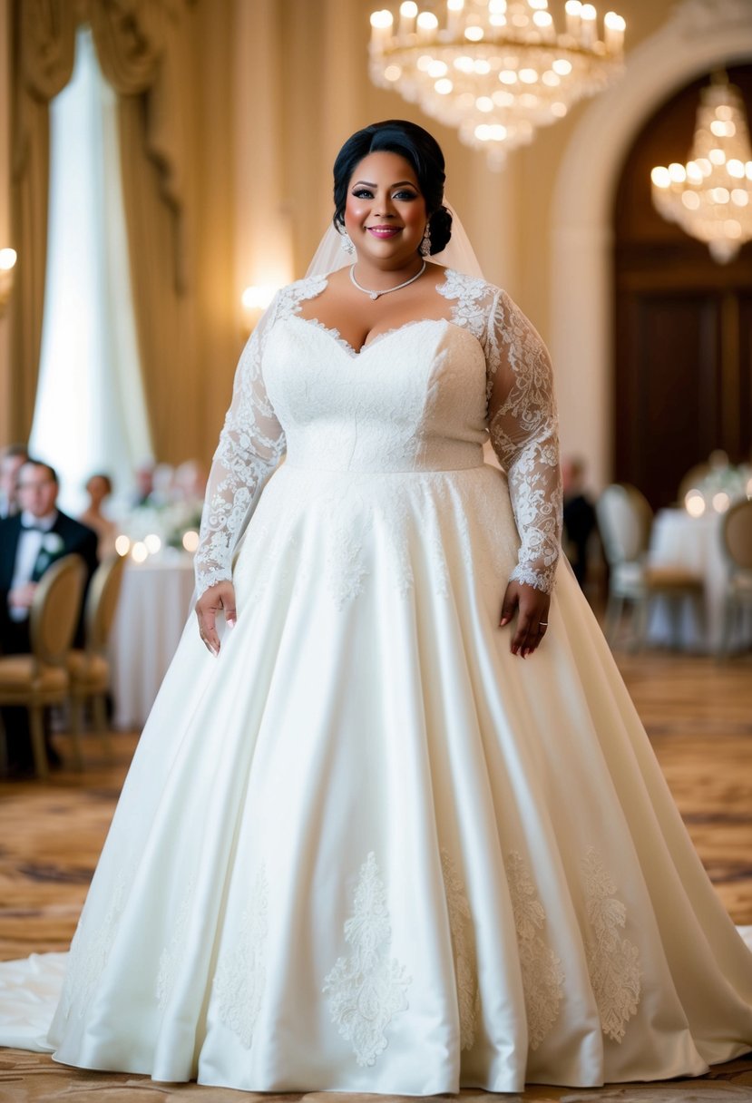 A curvy bride over 40 stands in a grand ballroom wearing a classic lace ball gown, surrounded by elegant decor and soft lighting