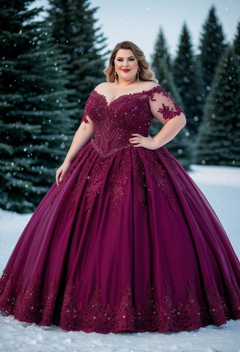 A plus size ball gown in rich, deep colors with intricate lace and sparkling details, set against a snowy backdrop with evergreen trees