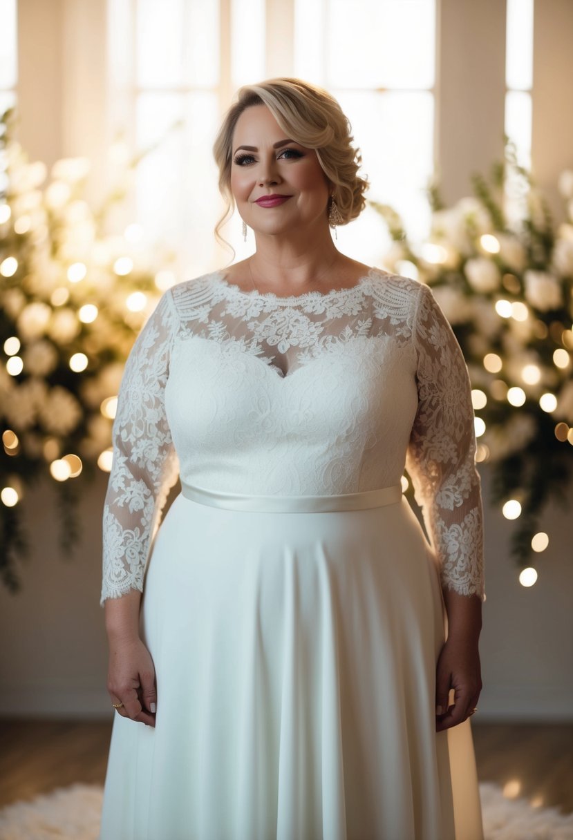 A curvy bride over 40 stands in a simple, elegant lace sleeve dress, surrounded by soft, romantic lighting