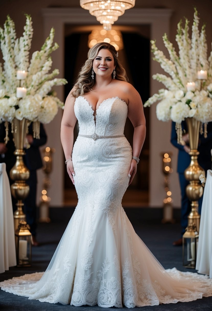 A curvy bride over 40 stands in a stunning trumpet mermaid gown, surrounded by elegant wedding decor