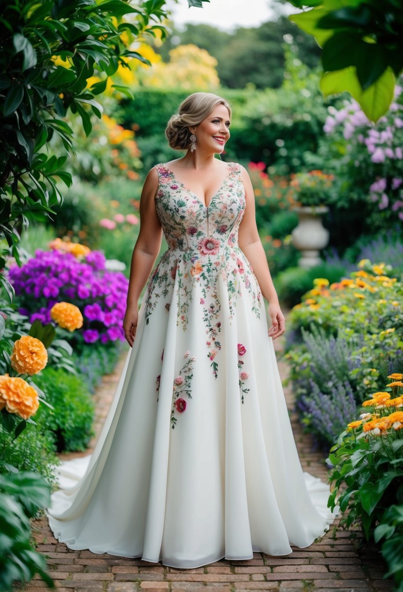 A lush garden with vibrant flowers and foliage, with a flowing, elegant dress adorned with intricate floral appliqués, designed for curvy brides over 40