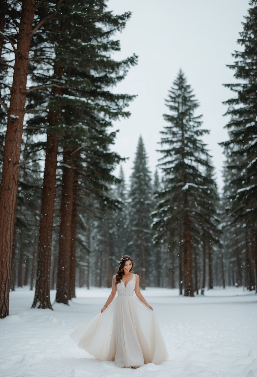 A snowy forest clearing with a bride in a flowing chiffon A-line dress, surrounded by tall pine trees and delicate snowflakes falling from the sky