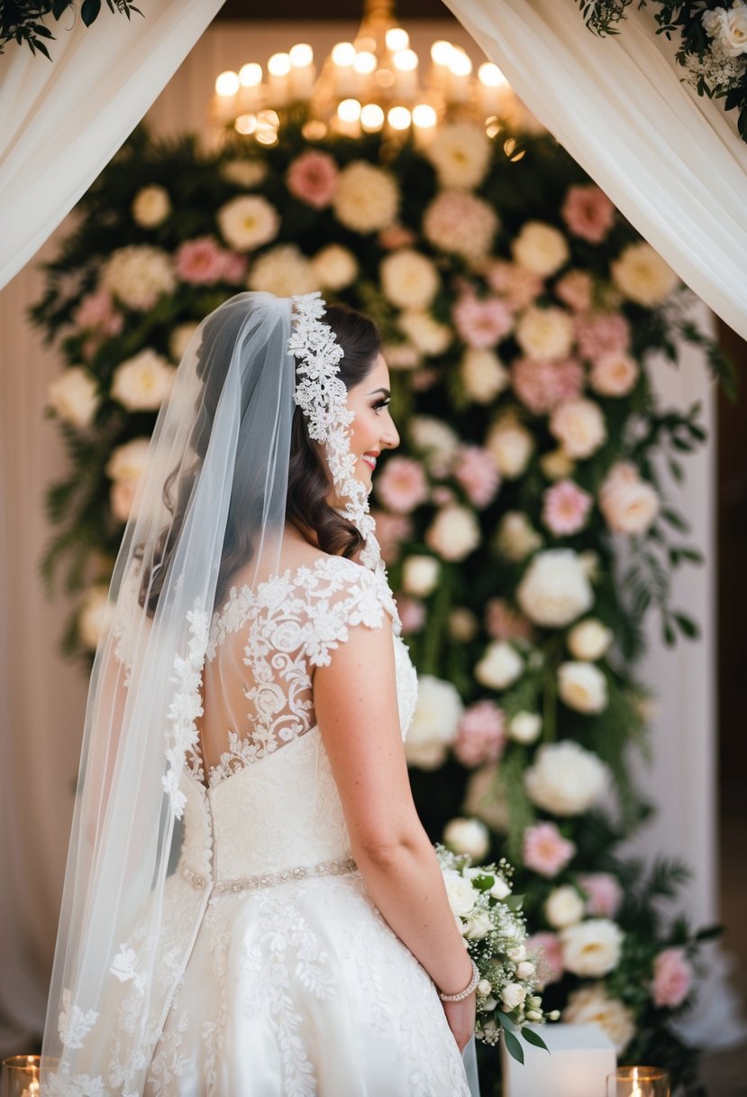 A bride in a traditional Jewish wedding dress, adorned with delicate lace and intricate embroidery, standing under a chuppah with a beautiful floral backdrop