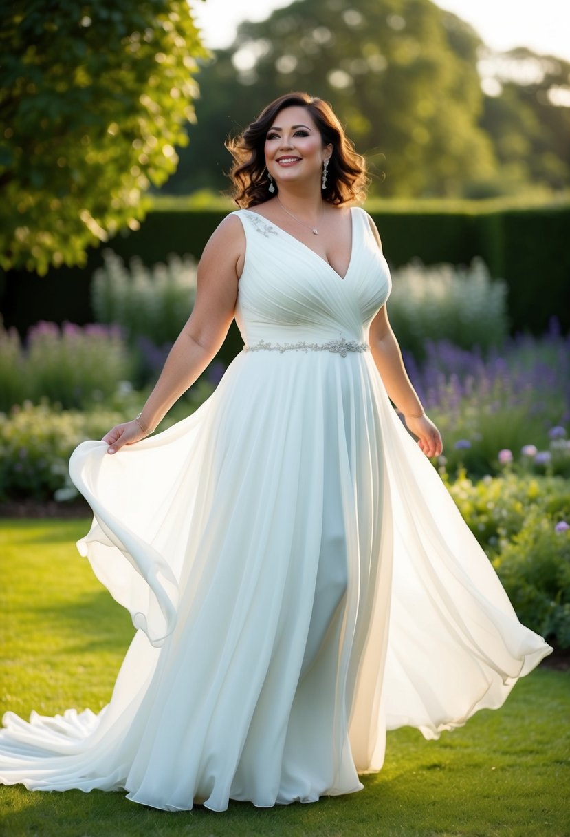 A curvy bride in her 40s wearing a flowing chiffon wedding dress, standing in a garden with a soft breeze blowing