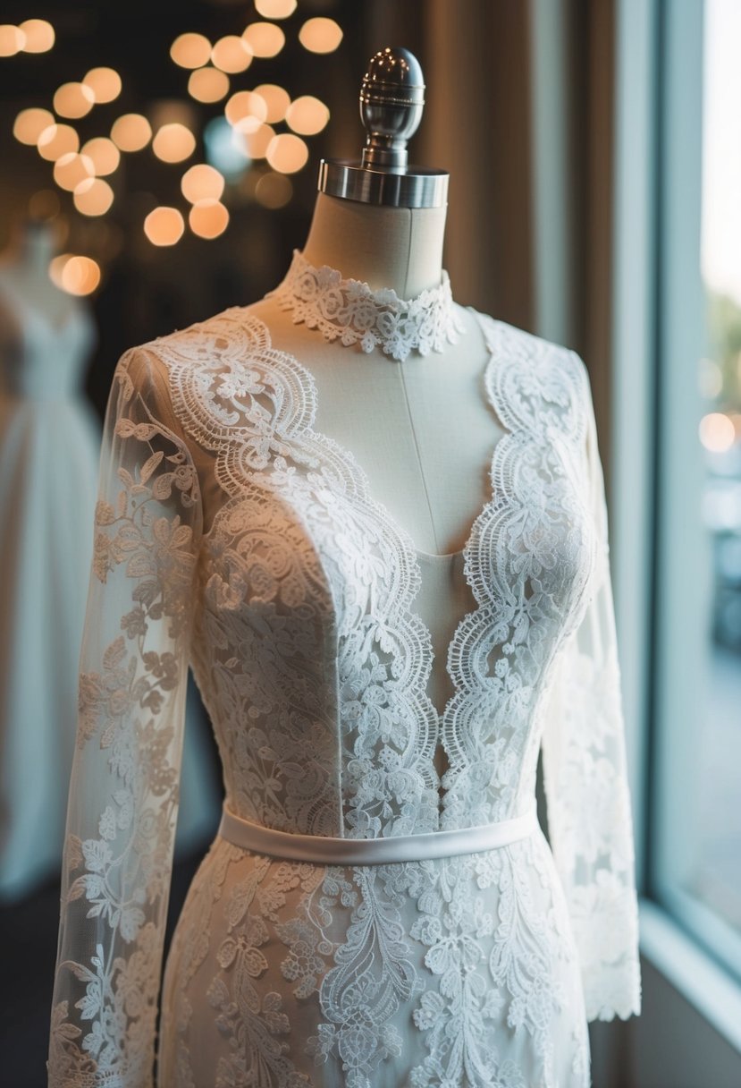 An elegant lace wedding dress with a high neckline cascading down a mannequin