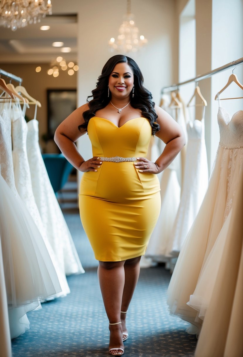 A curvy bride over 40 in a colored mini dress, surrounded by wedding dress ideas