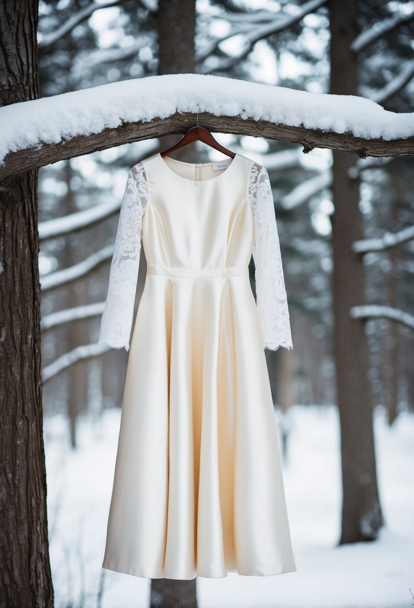 A satin dress with lace sleeves hangs on a snow-covered tree branch in a winter forest