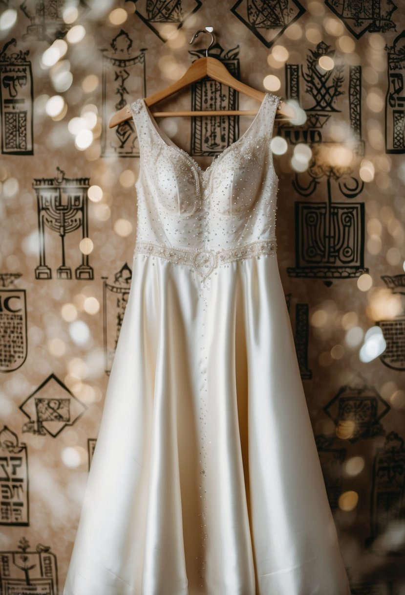 A vintage-inspired satin dress draped over a hanger, adorned with delicate lace and beading, set against a backdrop of traditional Jewish wedding symbols