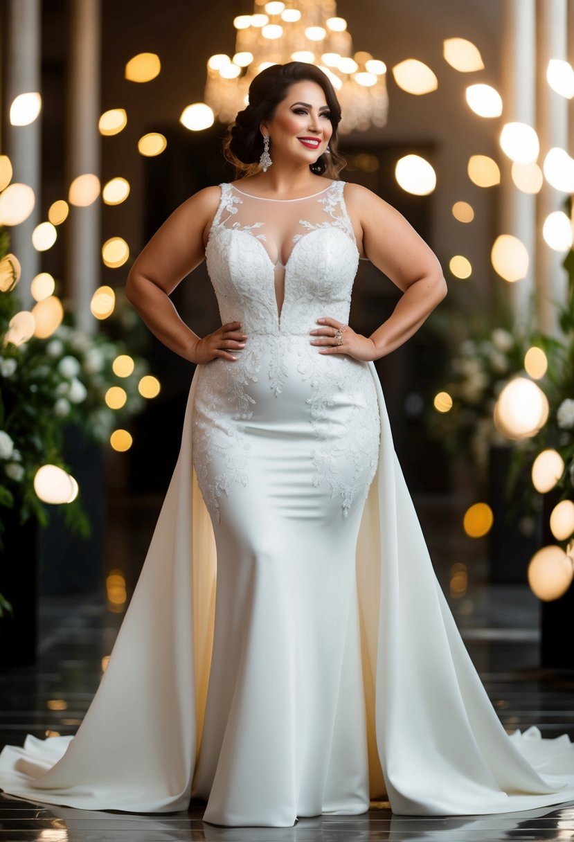 A curvy bride over 40 stands in a sultry plunge gown with an illusion neckline, radiating confidence and elegance on her wedding day