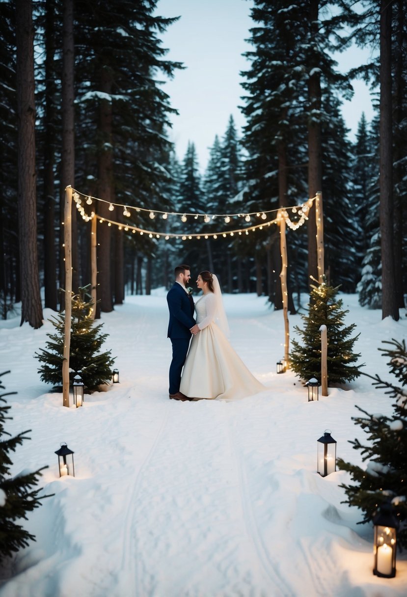 A snow-covered forest clearing with a small, intimate winter wedding ceremony. A bride in a romantic fit-and-flare style dress stands with her partner, surrounded by twinkling fairy lights and evergreen trees