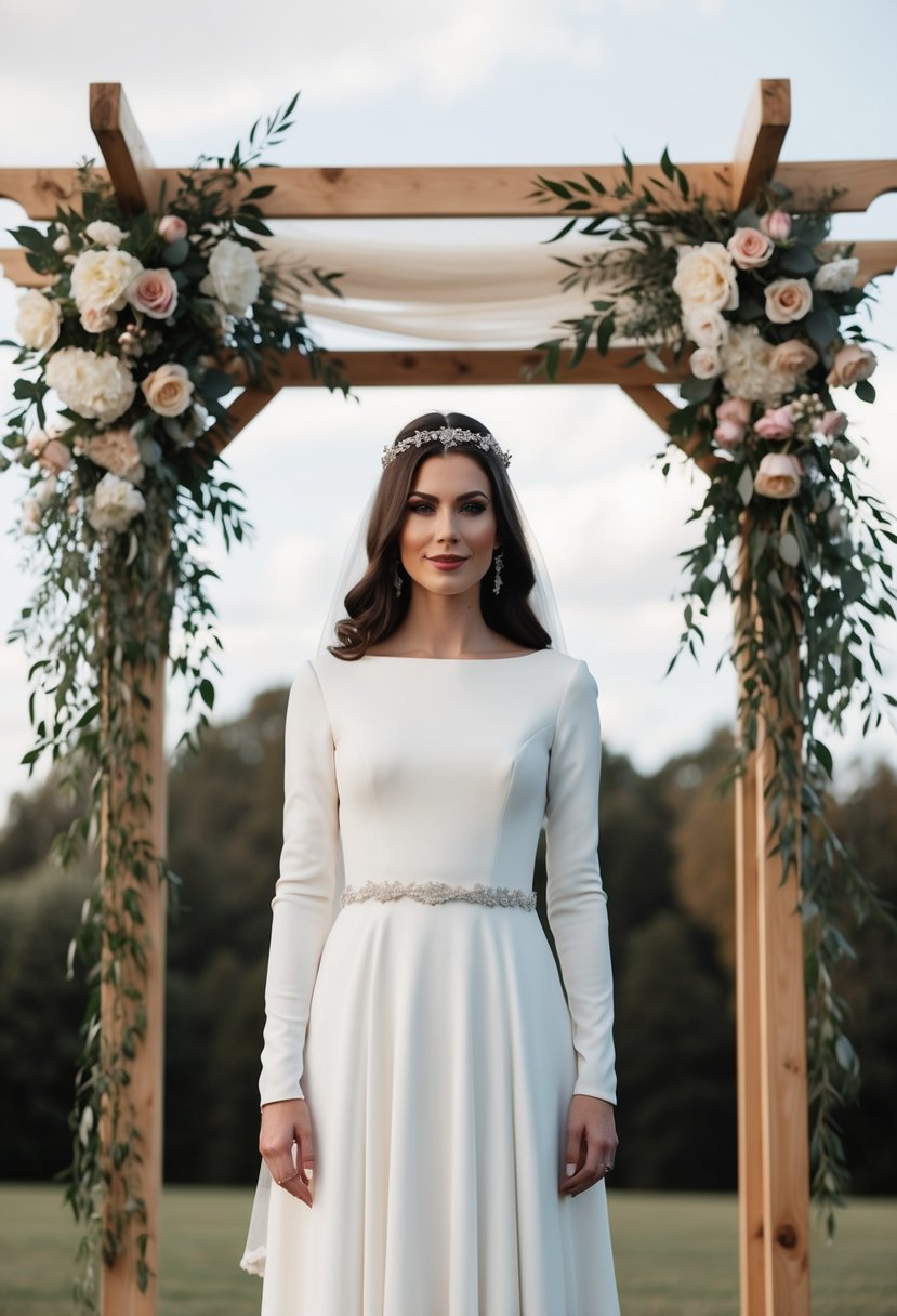 A bride in a long-sleeve, modest silhouette Jewish wedding dress, standing under a traditional chuppah with floral decorations