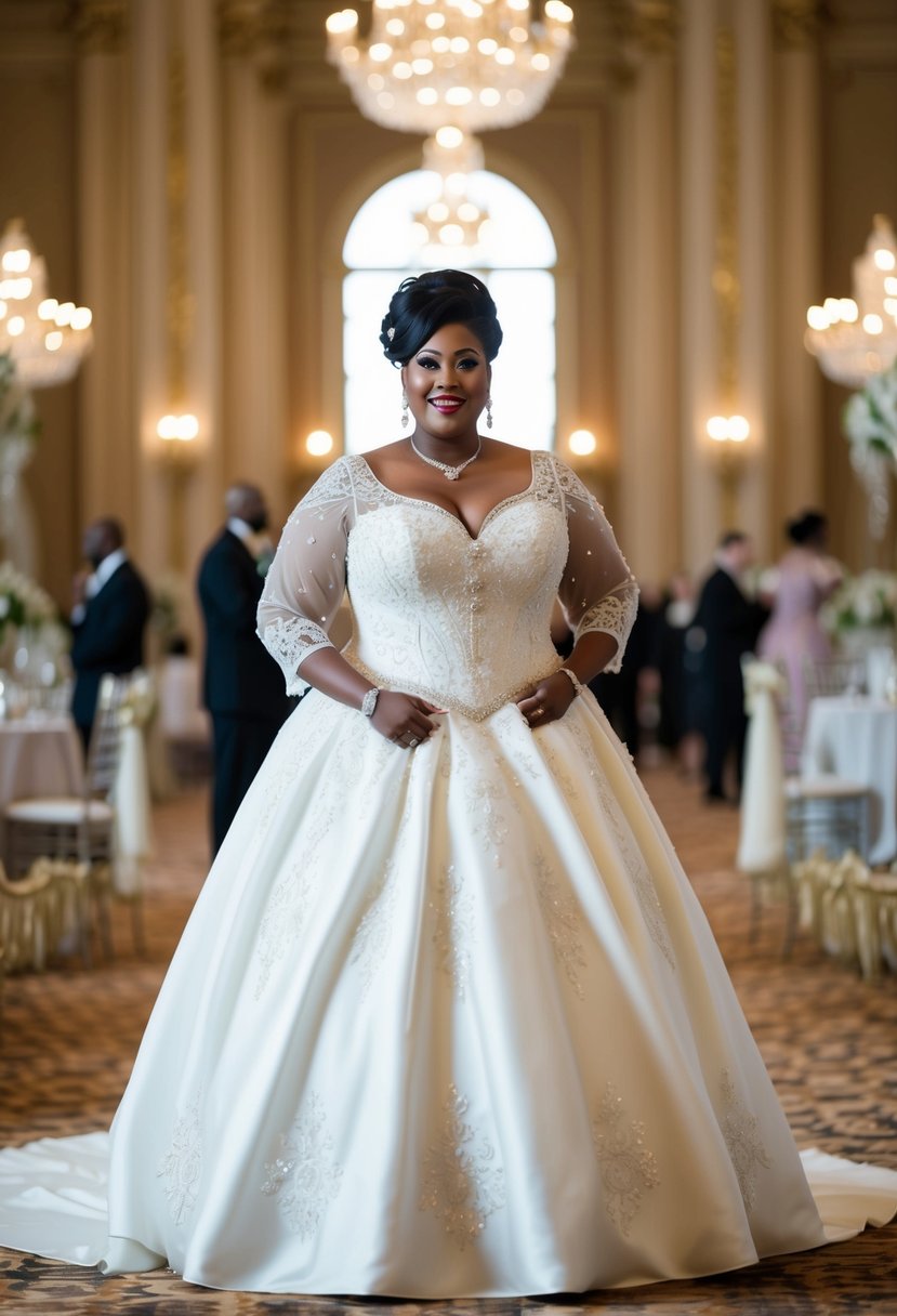 A curvy bride over 40 stands in a grand ballroom, wearing a traditional white ballgown with intricate lace and beading, surrounded by opulent decor