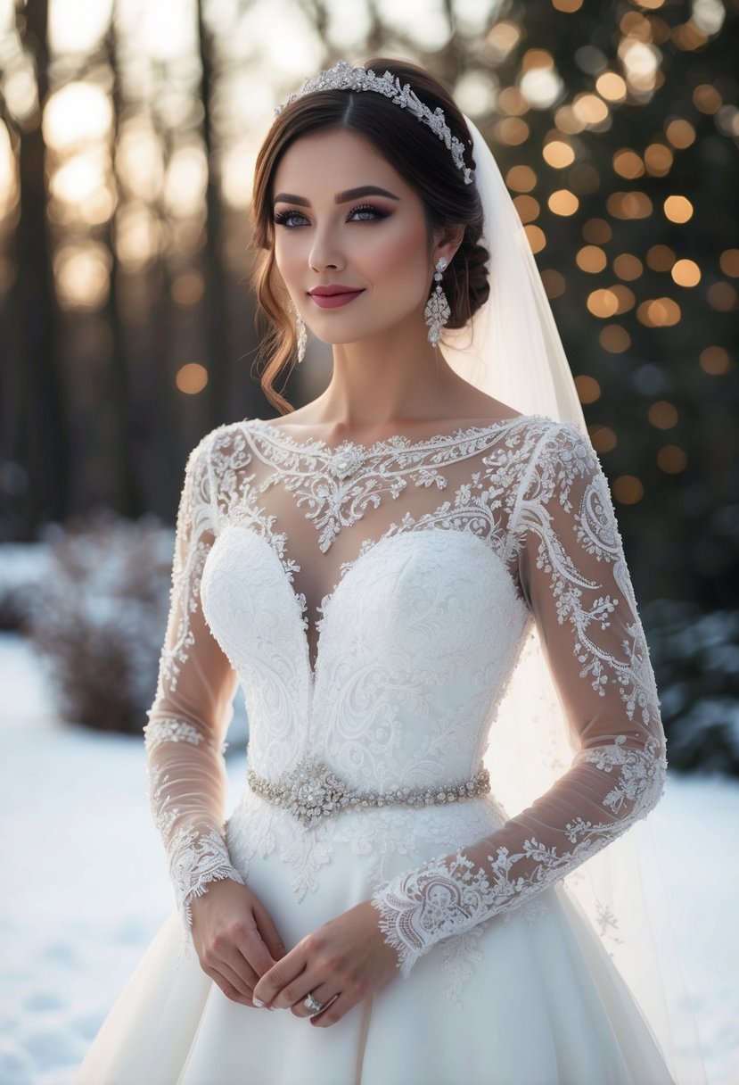 An elegant winter wedding gown with intricate lace details and delicate beading