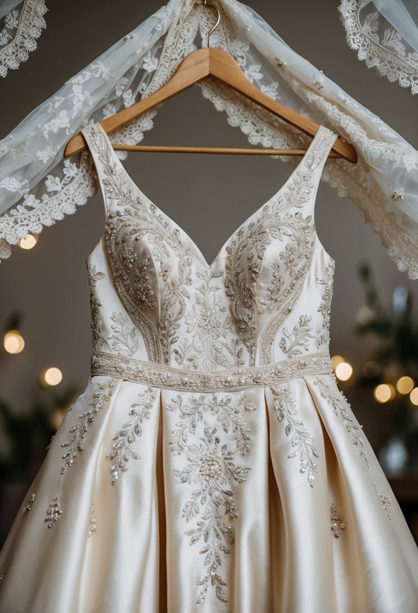 A silk gown with intricate embroidery hangs on a hanger, surrounded by delicate lace and beaded details