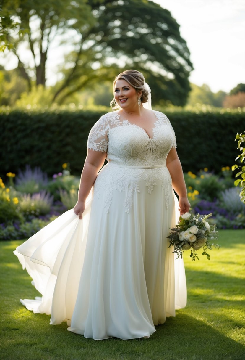 A curvy bride over 40 stands in a garden, wearing a non-traditional plus-size wedding dress with intricate lace details and a flowing silhouette