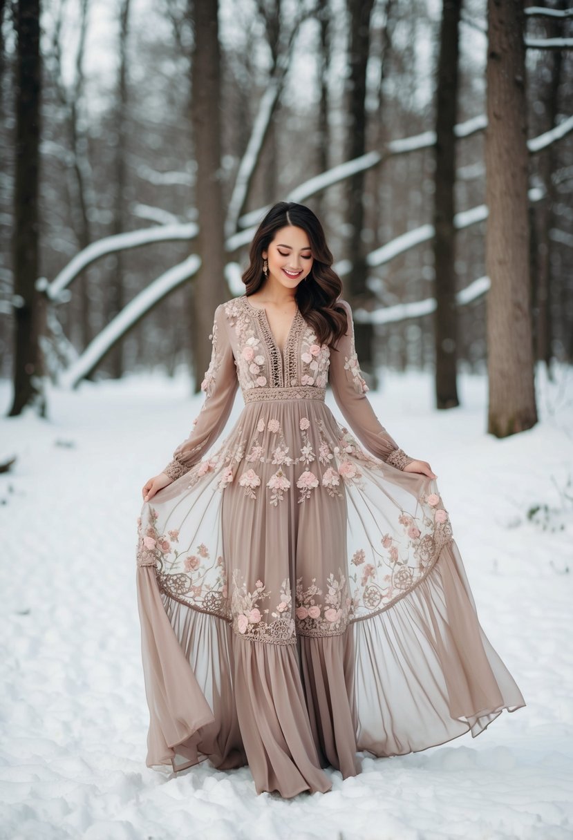 A flowing boho dress with intricate lace and floral embroidery, set against a snowy woodland backdrop