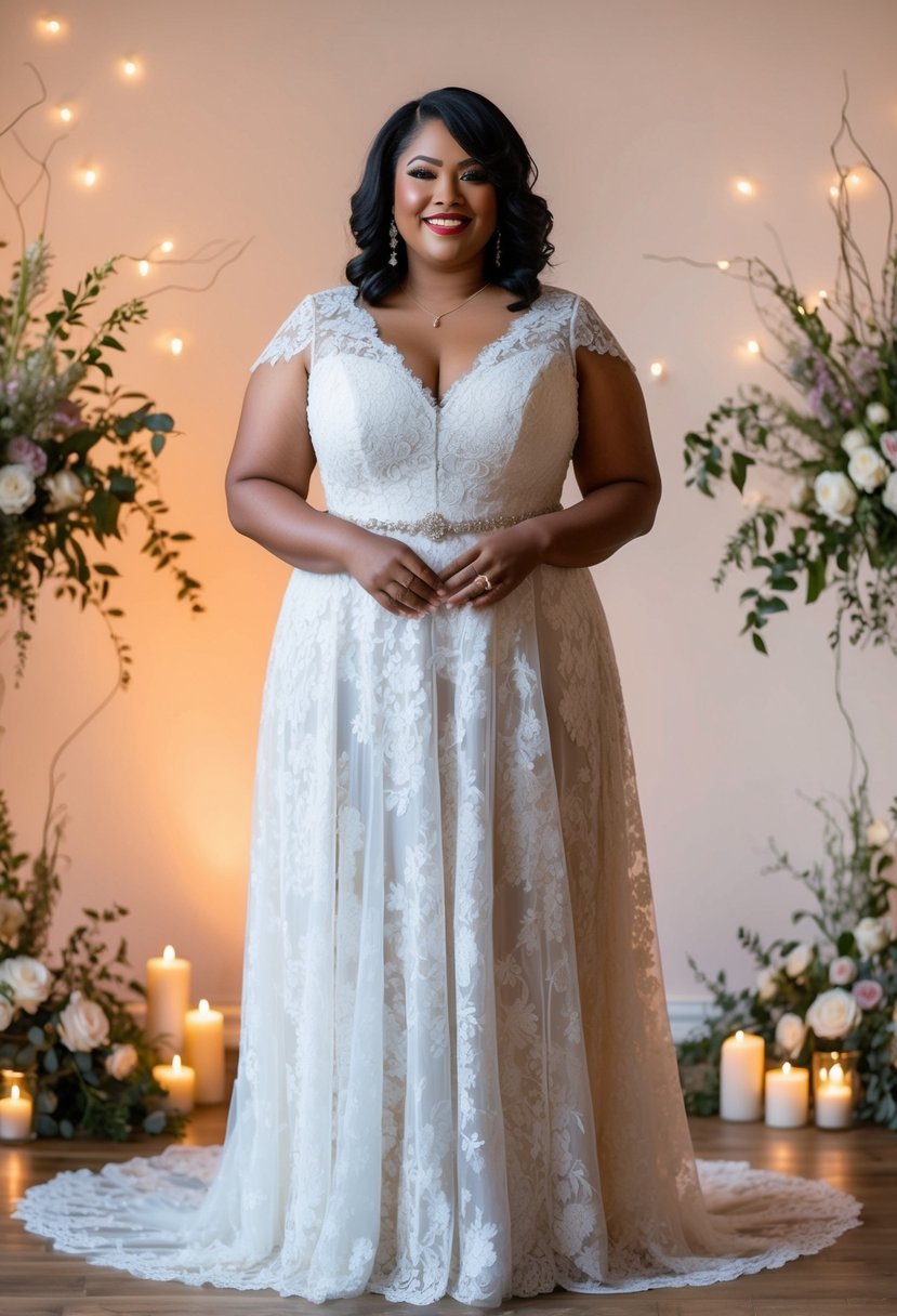 A curvy bride over 40 stands in a flowing Chantilly lace dress, surrounded by soft candlelight and delicate floral arrangements