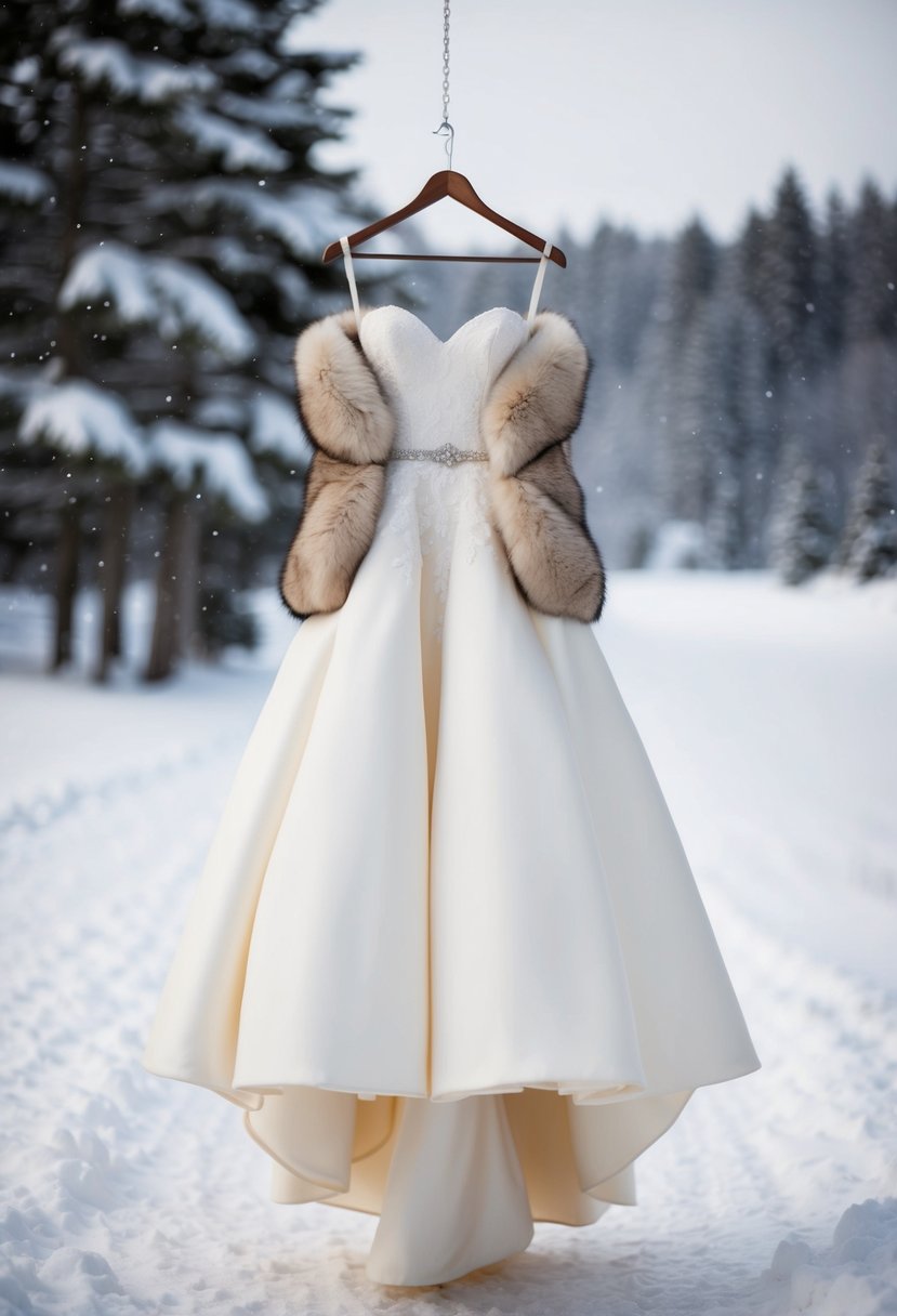 An elegant wedding dress with a faux fur wrap hangs on a hanger, surrounded by snowy winter scenery