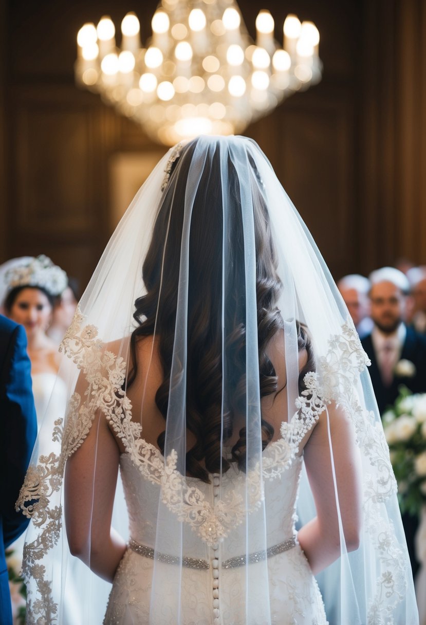 A classic veil drapes over a traditional Jewish wedding bedeken ceremony, adding elegance to the bride's dress