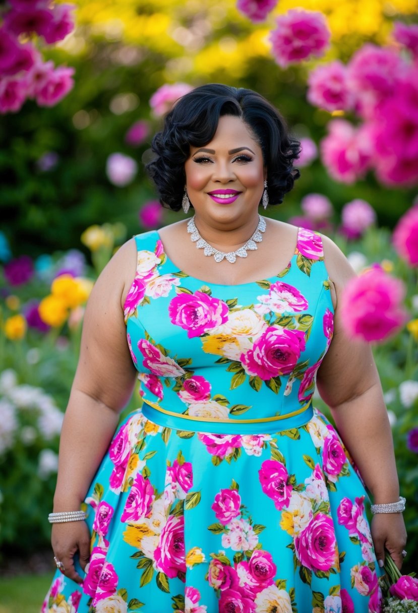 A curvy bride over 40 wearing a floral motif pop dress, surrounded by blooming flowers and vibrant colors