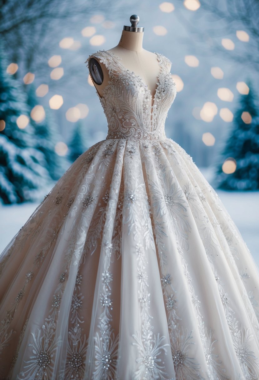 A luxurious ball gown with intricate lace details and shimmering snowflake embellishments, set against a backdrop of a frosty winter wonderland