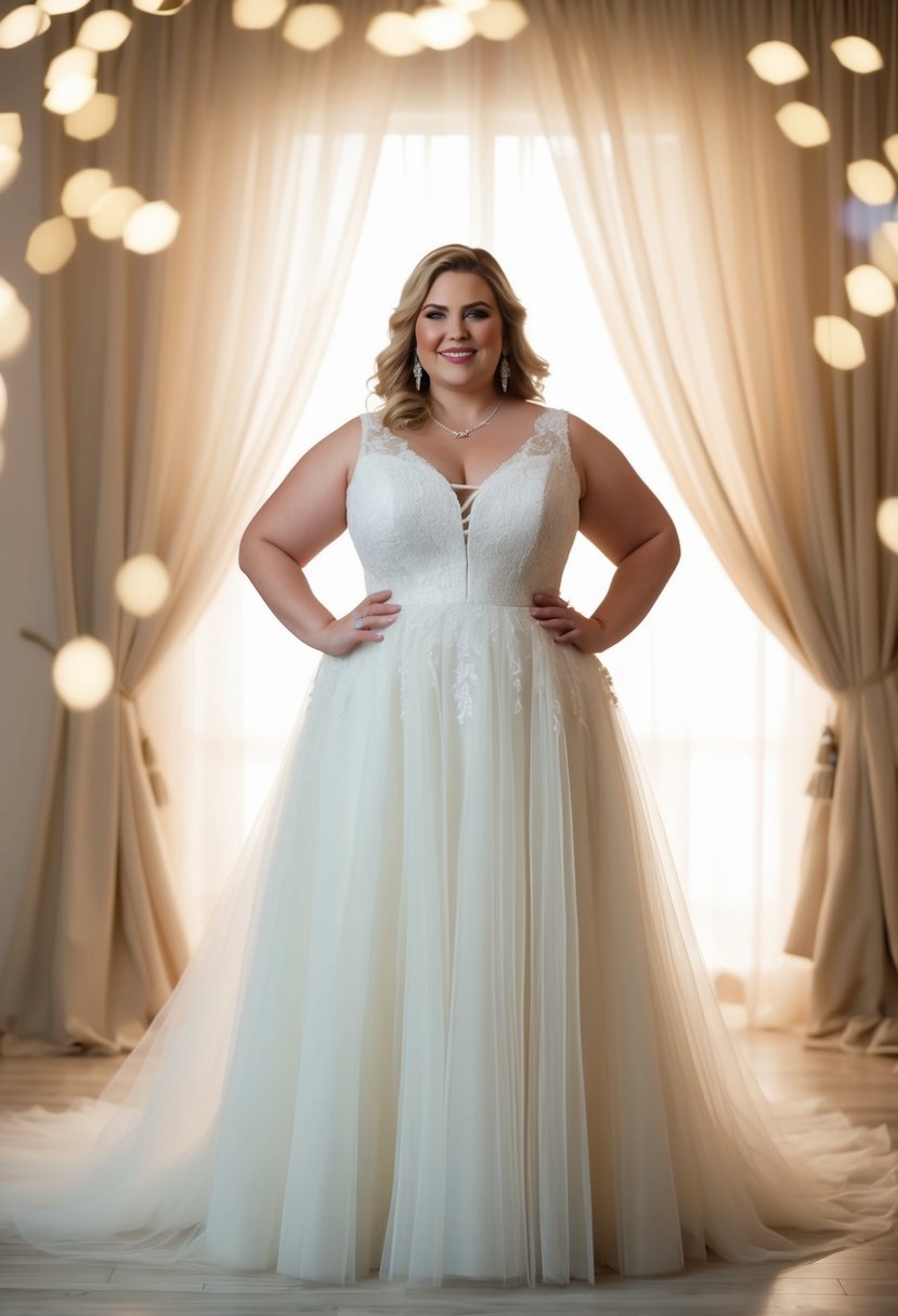 A curvy bride over 40 stands in a light and airy tulle dress, surrounded by soft, romantic lighting