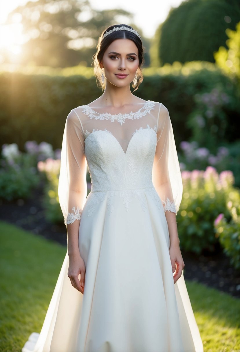 A bride in a modest A-line Jewish wedding dress with delicate sheer detailing, standing in a sunlit garden