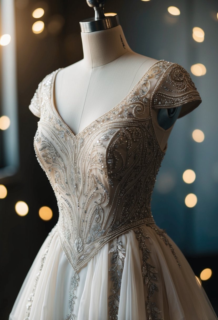 A beaded bodice with a flowing skirt, adorned with delicate lace and intricate embroidery, inspired by traditional Jewish wedding dress designs