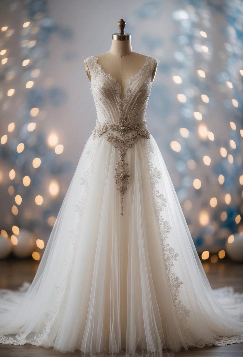 A flowing tulle wedding dress with delicate lace trim, adorned with intricate embellishments and a traditional Jewish design