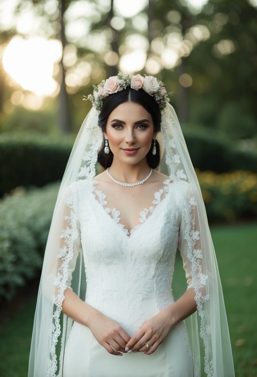 A traditional white Jewish wedding dress with delicate lace and embroidery, adorned with a veil and floral headpiece