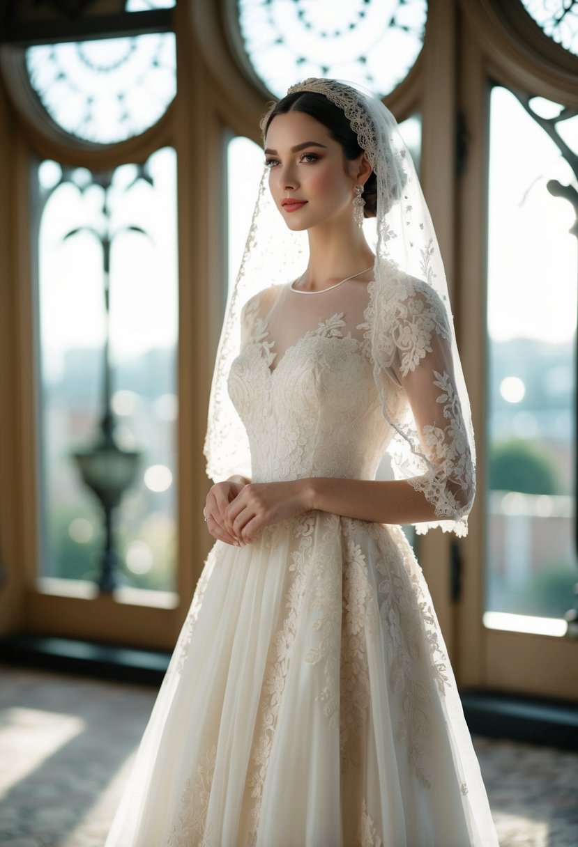 An elegant heirloom-style gown with delicate lace overlay, inspired by traditional Jewish wedding dress designs