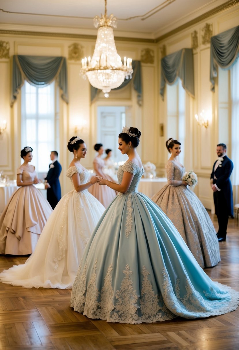 An elegant ballroom with women in elaborate 1800s gowns, showcasing wedding dress ideas