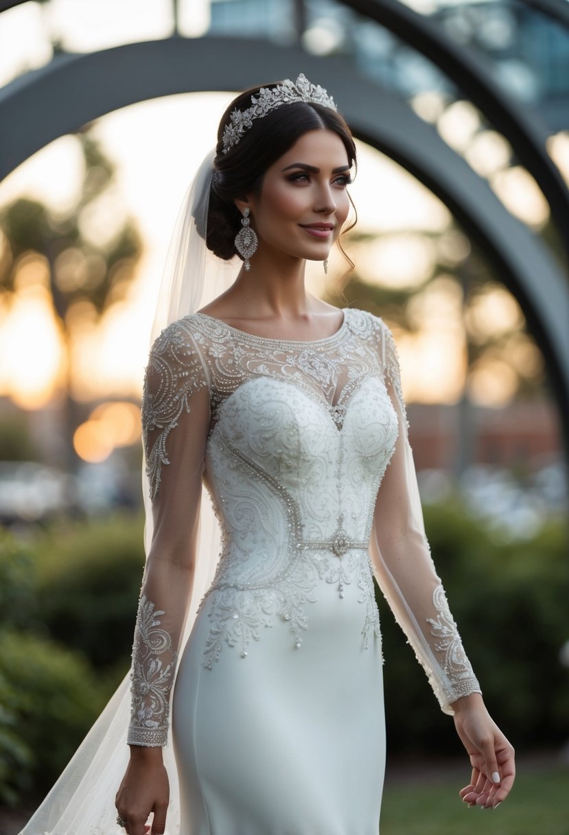 A modern fit wedding dress with full-length sleeves, adorned with delicate lace and intricate beading, designed in a traditional Jewish style