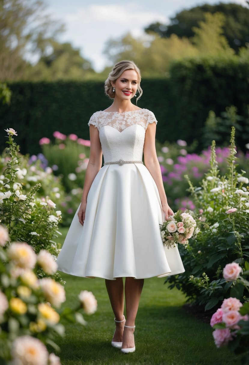 A bride in a knee-length wedding dress stands in a garden, surrounded by blooming flowers and a romantic, whimsical atmosphere