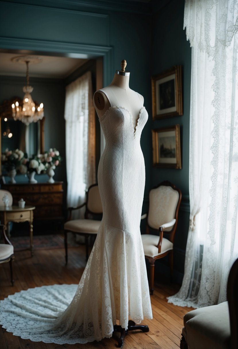 A vintage lace mermaid gown displayed on a mannequin in a dimly lit 1800s parlor, surrounded by antique furniture and delicate lace curtains