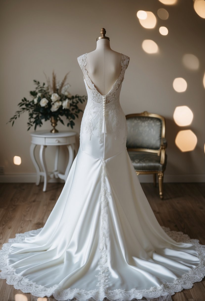 A flowing gown of satin and lace, adorned with delicate details, in a romantic Jewish wedding setting