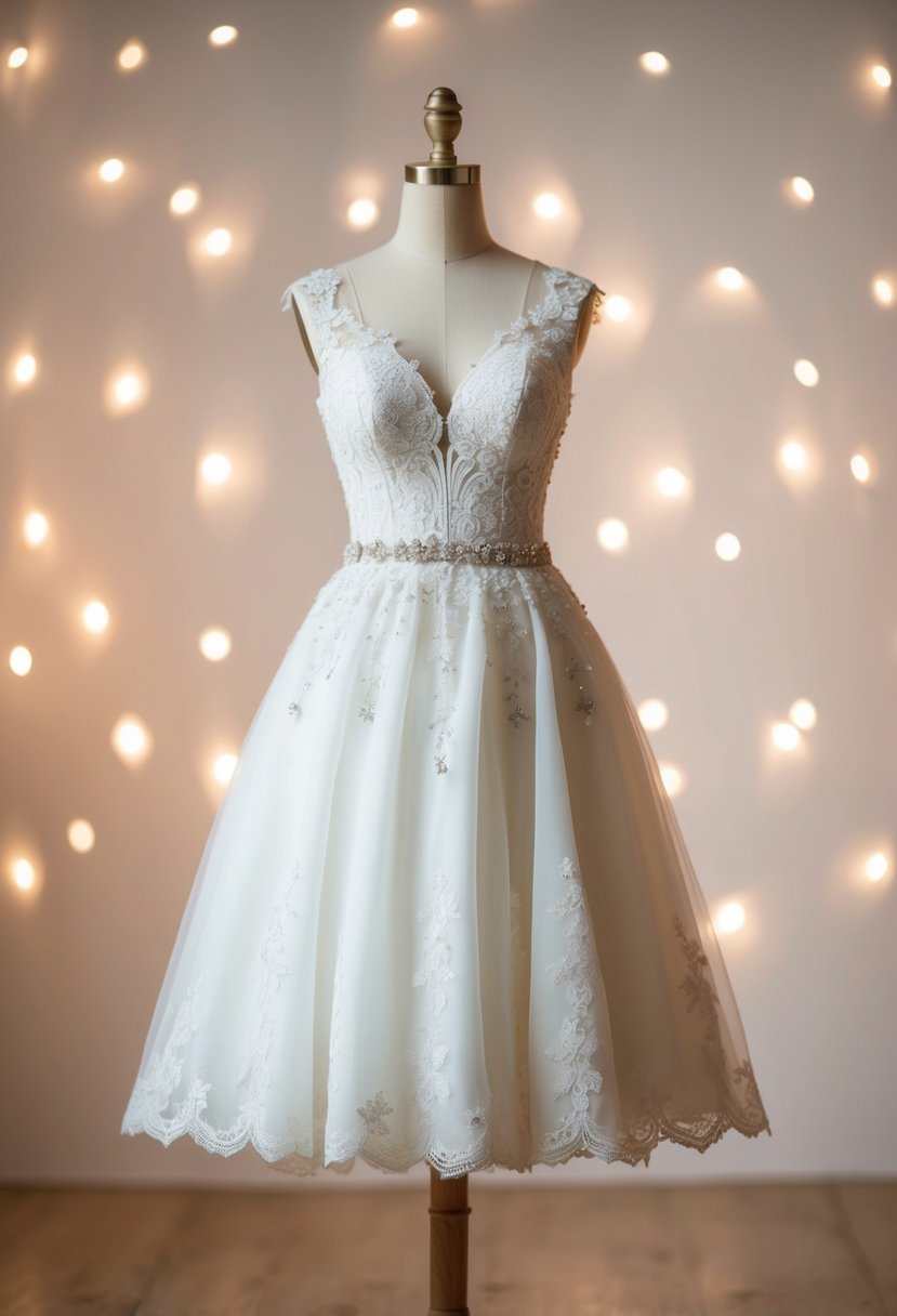 A knee-length wedding dress adorned with delicate lace and elegant embellishments, set against a backdrop of soft, romantic lighting