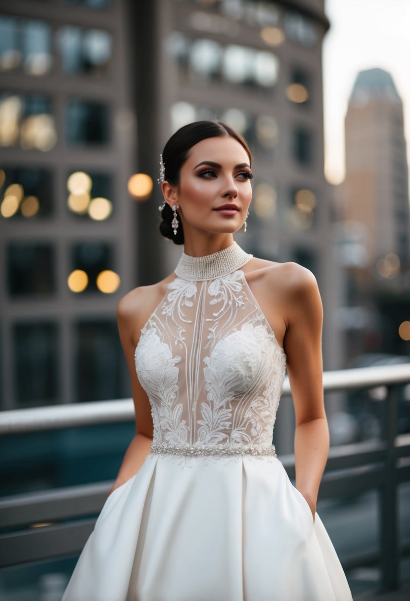 A sleek, high-necked wedding gown with elegant lace and beading