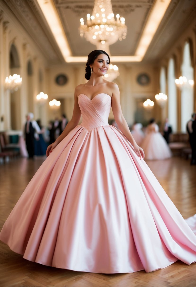 A blush pink ball gown with a sweetheart neckline flowing gracefully in a grand 1800s ballroom