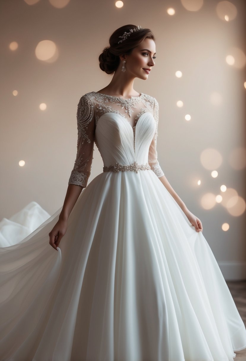 A knee-length wedding dress with sophisticated sleeves, adorned with delicate lace and intricate beading, flowing gently in a soft, romantic breeze