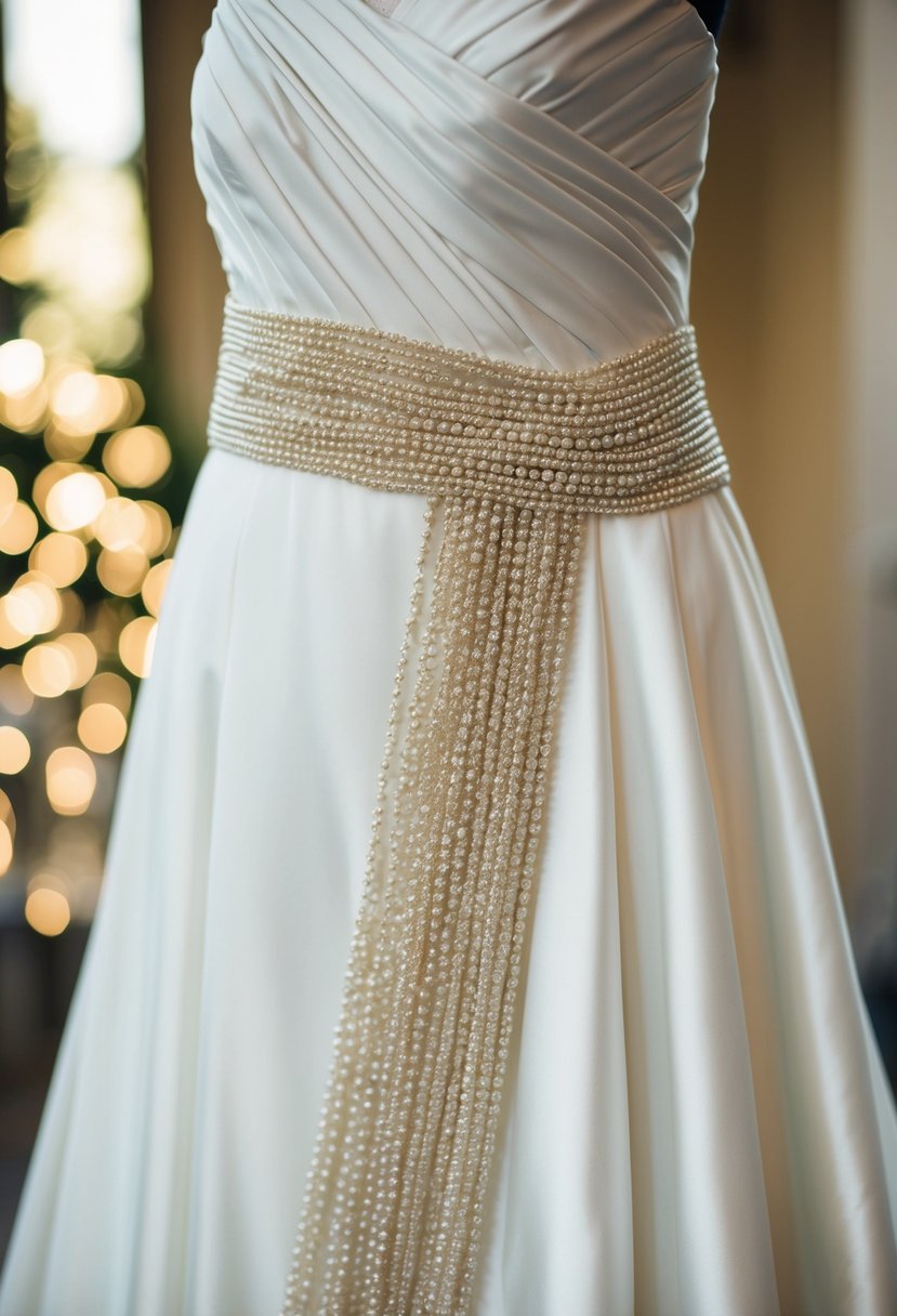 A beaded sash drapes elegantly over a flowing Jewish wedding dress, catching the light and adding a touch of luxury to the ensemble