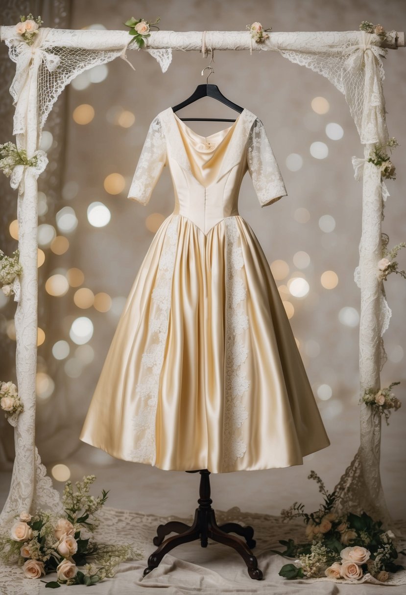 An elegant silk A-line dress with a lace overlay, reminiscent of 1800s gowns, hangs on a vintage dress form, surrounded by antique lace and delicate floral accents