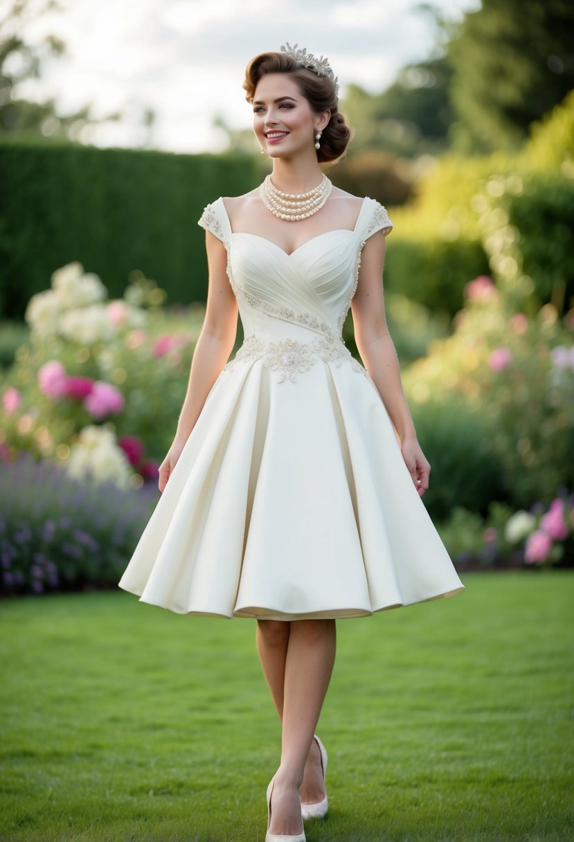 A bride in a knee-length vintage glamour wedding dress adorned with pearls, standing in a romantic garden setting